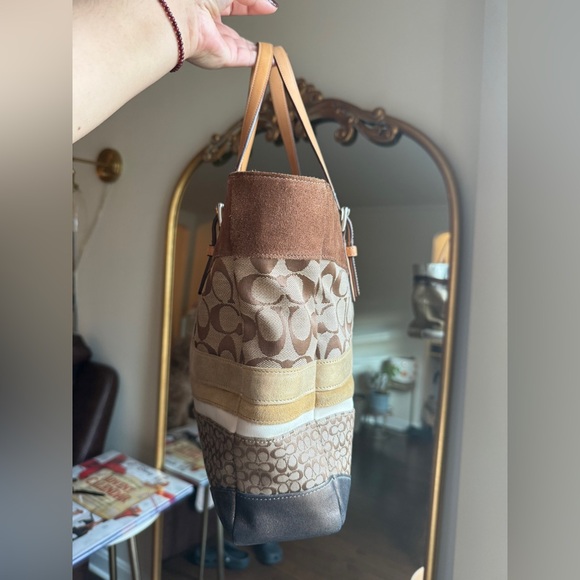 Coach Vintage Wave Patchwork Suede Leather Tote Bag Tan and Brown - Picture 2 of 9
